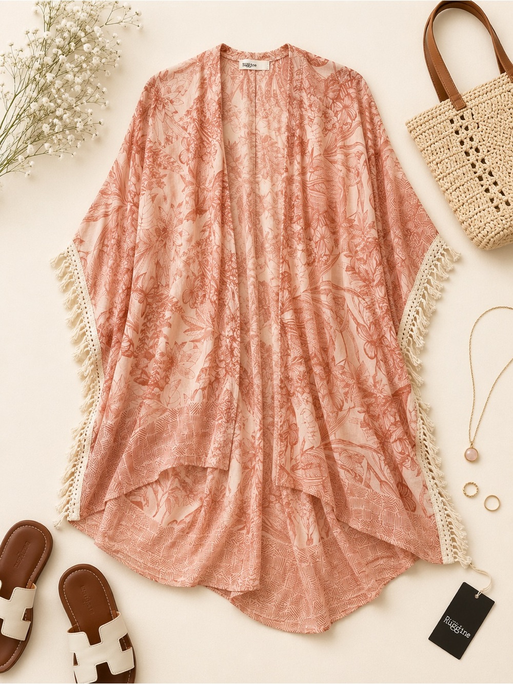 Ruggine Pink Tropical Fringe Kimono Cover Up Boho Resort One Size